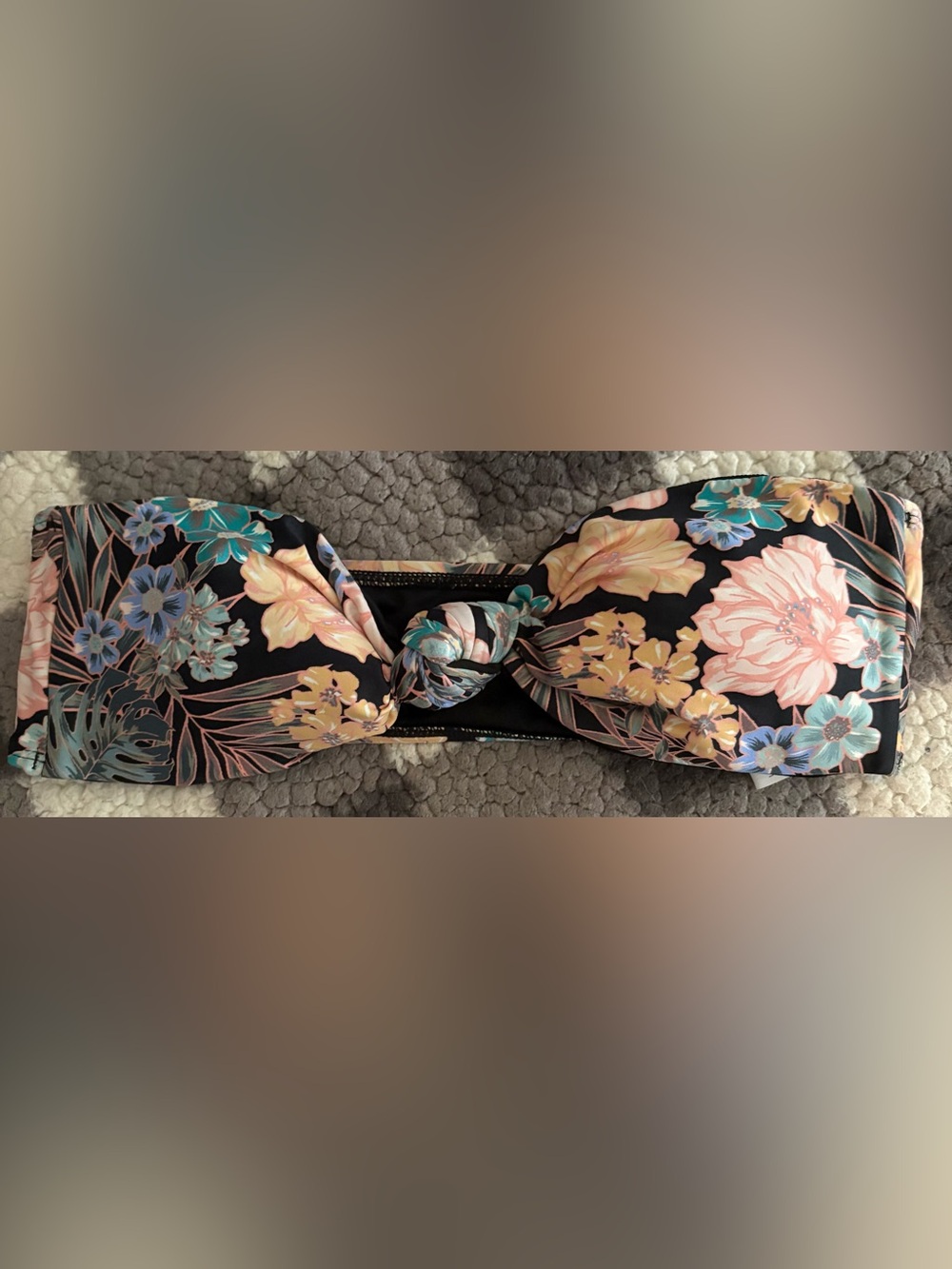 O'Neill Black Bandeau Bikini Top with Pastel Floral Accents Size Medium